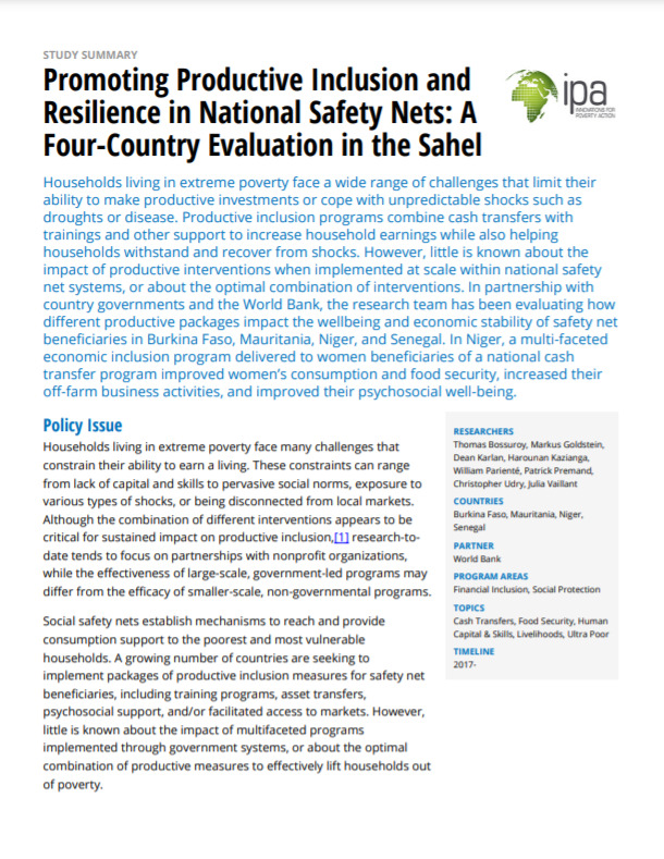 Promoting Productive Inclusion and Resilience in National Safety Nets - A Four-Country Evaluation in the Sahel