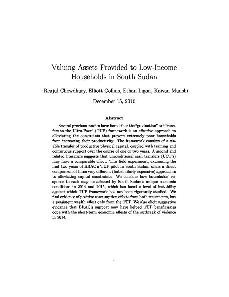 Valuing Assets Provided to Low-Income Households in South Sudan